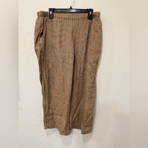 FLAX 100% Linen Wide Leg Pants Brown Elastic Waist Size Medium